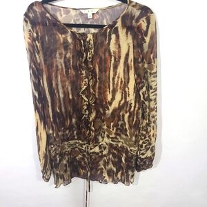 CAbi Women's Size Large L‎ Silk Brown Leopard Print Ruffle Long Hem Blouse Boho